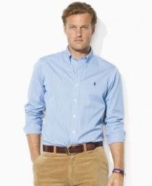 Cut for a classic, relaxed fit, a handsome striped sport shirt rendered in crisp woven cotton exudes timeless style.