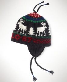 A wool reindeer-print hat, inspired by vintage intarsia-knit caps, adds heritage character to your look while keeping you warm with fleece-lined earflaps.