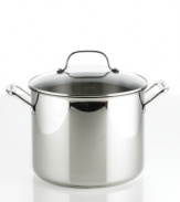 Have hearty classics on hand! Sure to be a classic in any busy kitchen, this stainless steel stock pot features an aluminum base that quickly and evenly heats the heavenly contents on the range. Cool grip handles and a dishwasher-safe design introduce ease and convenience to your cooking routine. Lifetime warranty.