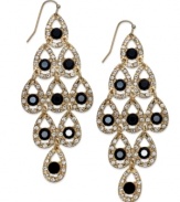 Mysterious style, by INC International Concepts. A gorgeous chandelier silhouette presents jet glass stones on these drop earrings. Crafted in 12k gold-plated mixed metal. Approximate drop: 3-1/4 inches.