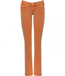 Colorful jeans are de rigueur this season, and True Religions orange pants offer a chic twist on a summer staple - Faded, antique rinse has a look of well-worn cool - Low rise, with belt loops, zip fly and button closure - Flattering signature  triangular flap pockets at rear and right hip - Straight, slim leg - Pair with  t-shirts, button downs and silk blouses