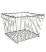 Everything in its place. Add some industrial edge to your space with this chrome basket, which features an open design for easy access to your belongings. Convenient folding handles are great for moving from room to room or folding in to create a tower of stacked baskets.