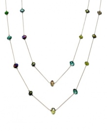 Go to great lengths with your style. This illusion necklace from c.A.K.e. by Ali Khan strings colorful glass rondelle beads (10/12 mm) on an extra long two-row chain. Crafted in gold tone mixed metal. Approximate length: 60 inches.