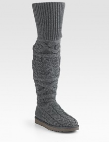 Cable-knit cotton in an optional over-the-knee design with a soft suede heel and sheepskin-covered insole. Foam heel, 1 (25mm)Shaft, 23Leg circumference, 12Cable-knit cotton and suede upperPull-on styleFoam soleSheepskin-covered insoleMade in USA