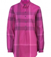 Effortless and iconic with its oversized check, Burberry Brits casual cotton tunic lends a characteristic cool edge to every outfit - Small pointed collar, long sleeves, buttoned gathered cuffs, partial front button placket, gathered yolk, shirttail hemline - Relaxed fit - Wear with everything from jeans and flats to triangle bikinis and sandals