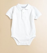 Crafted in plush cotton, the classic polo shirt is transformed into a one-piece knit lending ultimate style and comfort for baby.Point collarShort sleevesFront buttonsBottom snaps for easy on and offCottonMachine washImported Please note: Numbers of buttons and snaps may vary depending on size ordered. 