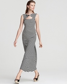 A striped Oonagh by Nanette Lepore maxi dress masters nautical chic, featuring a geometric cutout at the yoke and a twist at the neckline for a modern revision of the seafaring style.