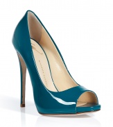 These classic peep-toe pumps from Giuseppe Zanotti get a modern kick with an ultra chic shade of teal - Peep-toe, teal patent leather, high stiletto heel - Style with a simple, figure-hugging cocktail dress or sophisticated separates for workweek attire