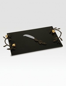 Symbolizing eternity and plenty, the elongated leaves and round fruit of the pomegranate form the graceful handles of this black granite cheese board. From the Pomegranate CollectionGranite, oxidized bronze, goldplate and stainless steel10W X 18½L; knife 8½LHand washImported