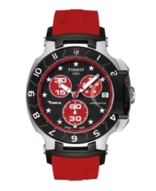 Inspired by the world of moto-racing and designed by racer Nicky Hayden, this limited edition T-Race Moto GP watch by Tissot blends eye-catching details with speedy precision. Crafted of red rubber bracelet and round black PVD stainless steel case with black bezel featuring white numerals. Black chronograph dial features white hour markers, tachymeter scale, date window at three o'clock, red three hands, three subdials and logo. Swiss quartz movement. Water resistant to 100 meters. Two-year limited warranty.