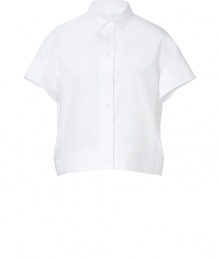 An ultra modern take on the classic shirt, Jil Sanders boxy white button-down is a characteristic and chic way to wear the brands iconic minimalist look - Small pointed collar, short sleeves, buttoned cuffs, button-down front - Cropped, boxy cut - Wear with high-waisted trousers and streamlined leather accessories