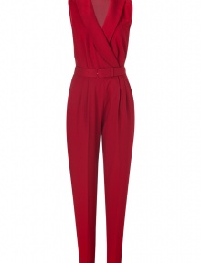 A contemporary-chic choice guaranteed to make an impact, Rachel Zoes rich red jumpsuit radiates modern glamour - Shawl lapel, sleeveless, button closure at waist, elasticized waistband, side slit pockets, pleated front, tapered legs, belted waistline, sheer back - Softly tailored fit - Wear with a fur coat and heels