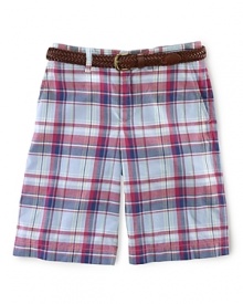 A lightweight Bermuda short exudes preppy polish in a vibrantly hued classic madras. An embroidered pony accents the back right hip.