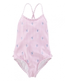 Pretty swimsuit rendered in gingham-printed stretch nylon and finished with allover embroidered ponies for timeless heritage style.