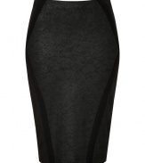 An exquisitely modern choice for business to cocktails looks, Donna Karans coated stretch pencil skirt cuts a flattering feminine figure no matter how you wear it - Black contoured seaming, elasticized waistline, pulls on - Form-fitting - Team with feminine tops and standout statement accessories