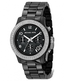 MICHAEL Michael Kors chronograph bracelet watch in black ceramic and stainless steel. Clear stone bezel. Black dial with date display and second hand.