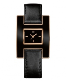 Bold and ultra-elegant timepiece from Tommy Hilfiger. Watch crafted of black calf leather strap and rectangular black enamel and rose-gold tone stainless steel case. Black dial features rose-gold tone applied stick indices and three hands. Quartz movement. Water resistant to 30 meters. Ten-year limited warranty.