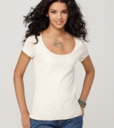 Lucky Brand Jeans revamps the classic tee with a feminine scoop neckline and lace at the front. Pair it with rugged jeans for a high contrast look!