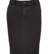 The pencil skirt gets a downtown kick with this tough-meets-chic denim iteration from Closed - Classic jean styling, front slant pockets, logo detail at fly, slim fit, back slit - Pair with a silk blouse, a draped front leather jacket, and platform pumps