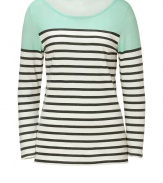 Spring-favorite stripes get a cool colorblock in Steffen Schrauts tri-tone top - Wide neckline, long sleeves - Fitted - Wear with favorite skinnies and bright leather flats