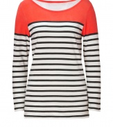 Spring-favorite stripes get a cool colorblock in Steffen Schrauts tri-tone top - Wide neckline, long sleeves - Fitted - Wear with favorite skinnies and bright leather flats