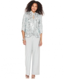 Light up your next special occasion with this sparkling ensemble from Alex Evenings, featuring chic wide leg pants and a sequined jacket and cami combination.