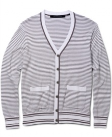 Collegiate cool. Get top marks for prepster style in this striped cardigan from Sean John.