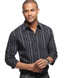 Take the straight path to style when you step out in this sleek striped shirt from Alfani.