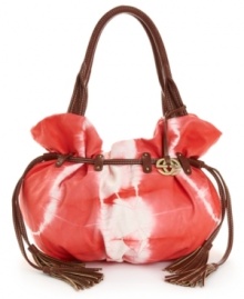 A far out bag that'll add some '60's cool to your modern day look. The Woodstock Shoulder Bag from Red by Marc Ecko features a tie dye-inspired exterior, silvertone hardware and a unique drawstring accent with tassels at sides.