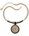 Get roped in with this necklace from T Tahari. It's crafted from nickel-free mixed metal, and features 14k gold plating and a black resin and rope design on the pendant. Approximate length: 17 inches + 3-inch extender. Approximate drop: 2-1/2 inches.