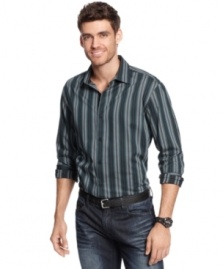 Add a new dimension to your everyday wear with thick stripes on this Alfani BLACK shirt.