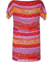 Sizzle and pop this season with Antik Batiks bold, multicolor viscose minidress - Chic tribal print and vibrant sequin embroidery in rich shades of red, orange and purple - Relaxed, straight silhouette - Wide, round neckline and short sleeves with decorative fringe trim - Sheer paneled trim at hem - Fun and sexy, perfect for parties and summer cocktails - Pair with a clutch and wedges, leather sandals or platform espadrilles