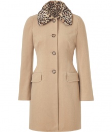 This classic camel coat from Moschino C&C gets a stylish kick with a fierce faux-fur leopard print collar - Large leopard print spread collar, front button placket, long sleeves, flap pockets at hips, tailored silhouette - Wear with a sheath dress and heels or an elevated jeans-and-tee ensemble and high heel booties