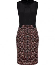 Perfect for taking chic business days to city cocktails, Salonis patchworked sheath hits a sweet spot with its velvety optical print silk skirt and ultra feminine scalloped trim - Rounded neckline, sleeveless, hidden back zip, kick pleat - Tailored fit - Team with peep-toes and statement chunky jewelry