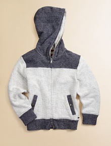 A cotton hoodie with colorblock appeal. Plus, it offers convenient front pockets and zipper front.Attached hoodLong sleevesFront yokeFront zipperSlash pocketsBack yokeCottonMachine washImported