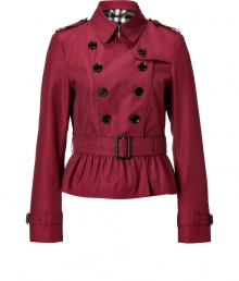 Iconic trench styling gets a rich dose of color in Burberry Londons crimson cotton trench-style jacket, tailored to perfection with an impeccable short cut - Classic collar with hook closure, long sleeves with belted cuffs, epaulettes, gun flap, double-breasted button-down front, belted waist, rain shield, ruffled hemline - Form-fitting - Pair with edgy separates and contemporary leather boots