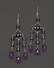 Tonal beads and 14 Kt. yellow gold set of the brilliantly-faceted amethysts in this gorgeous chandelier earring.