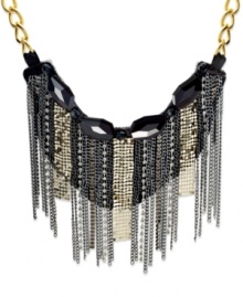 Be seen, be envied. Bar III's tri-tone mesh statement necklace triples the fashion with gold, hematite and silver chains and stone accents. Crafted in gold tone mixed metal. Approximate length: 17 inches + 2-inch extender. Approximate drop: 5-1/2 inches.