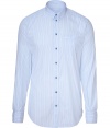 Stylish button down in fine, cotton stretch blend - Classically elegant in pale blue with a pin stripe motif - Two back darts accentuate a sleeker, slim silhouette - Small collar and chest pocket - Polished and versatile, easily dressed up or down - Pair with suit trousers and a pullover, chinos or slim jeans and a blazer