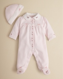 A great gift for a new mom, lovely eyelet trim and rose embroidery bring a soft, sweet touch to Little Me's footie and hat set.