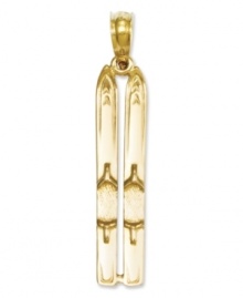 Conquer the mountains in style with this cute charm. A 3D design displays a set of skis in 14k gold. Chain not included. Approximate length: 1-1/10 inches. Approximate width: 1/5 inch.