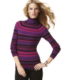 INC's striped turtleneck looks so sophisticated in an autumnal palette of berry and plum colors!