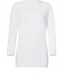 Stylish long sleeve shirt in white stretch cotton - very fine and comfortable quality - feminine cut with broad trimmed crew neck and long sleeves - waist fitted, nice and long, sexy figure hugging cut - your new favorite basic, the one you always need, the one youve always been looking for - wear solo or underneath - pair at leisure time with tube jeans, shorts, skirts, at the office with a pant suit