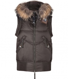 Stay warm in luxe style with this down vest from Parajumpers - Fur trimmed hood with snap closure, front zip closure, logo at shoulder, zip pockets, puffed ribbed trim, quilted, water resistant lining - Cropped, form-fitting silhouette - Style with skinny jeans, a cashmere sweater, and shearling boots