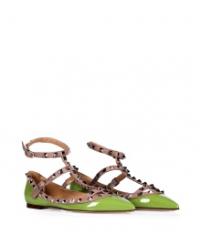 Finish your look on a fun note with Valentinos bright apple green flats, detailed with rockstud-laden ankle straps for that iconic Valentino look - Powder leather buckled straps adorned with platinum-toned rockstuds, apple green leather upper - Flat - Wear with everything from ankle jeans and tees to fun cocktail dresses