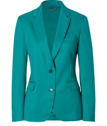 Stylish blazer in fine, turquoise cotton blend - Supremely comfortable, thanks to a touch of stretch - Fitted, slightly longer cut creates a feminine, elegant silhouette - Small collar and slim lapels, two-button closure - The details we love: two flattering, fabric darts at back, multicolor, graphic print lining - A timeless basic in an eye-catching hue, classically polished and cool - Style with a pencil skirt or skinny jeans and ankle booties