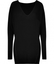 Luxe black oversized V-neck top from Donna Karan -Add instant chic to your day look with this versatile top - On-trend oversized fit, flattering V-neckline, dolman-inspired sleeves - Pair with leather paneled leggings, a fringed scarf, and platform booties