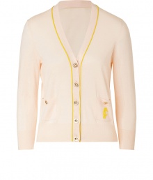 Bring preppy-cool to your casual staples with this classic cardigan from Juicy Couture - V-neck, front button placket with contrasting piping detail, front pockets with buttons and logo, side slits, slim fit - Pair with a pencil skirt or pleated trousers and a tie-neck blouse