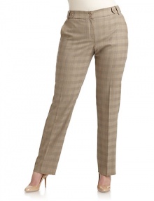 THE LOOKClassic yet modern glen plaid in a light stretch wool blendWide waistband with elasticized back and side button tabsTwo-button closeZip flyFlat frontAngled front pocketsStraight legUnfinished hemTHE FITRise, about 10½Inseam, about 34THE MATERIAL60% wool/38% nylon/2% elastaneCARE & ORIGINDry cleanImported