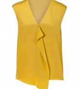 Paint color into your feminine look with Tibis bright mustard silk top - V-neckline, sleeveless, ruffled front, pull-over style - Softly draped fit - Wear with tailored separates and sleek carryall totes for work